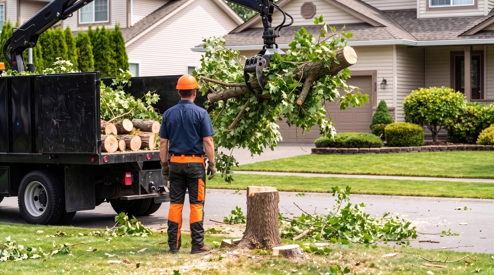 Tree crew loading cut logs and branches into a truck with a grapple after removing a tree in a front yard