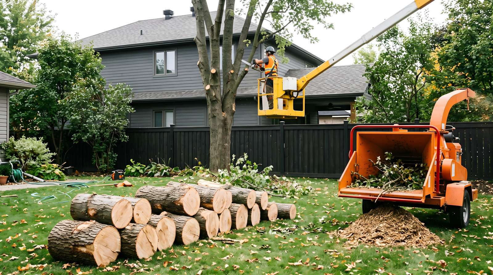 Tree removal crew in a bucket truck cutting down a tree beside a house, with logs stacked and a wood chipper in the yard